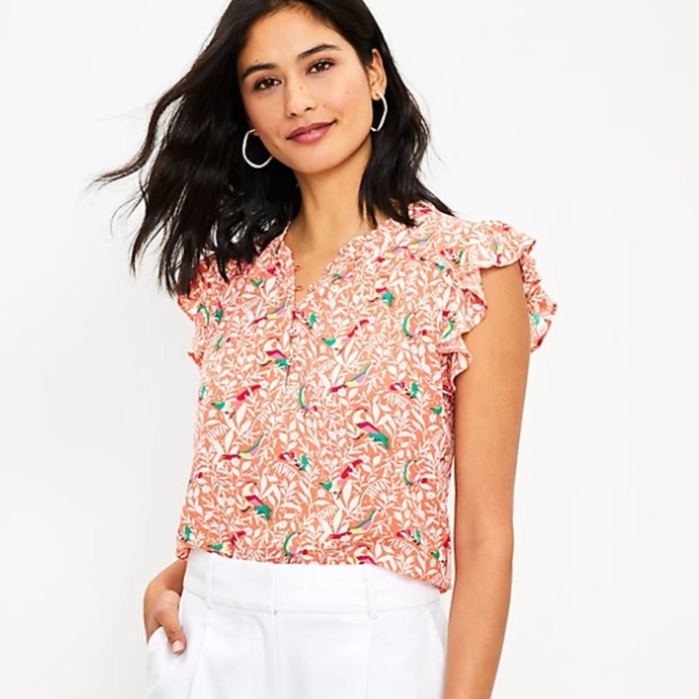 Loft Bird Ruffle Button Mixed Media Top